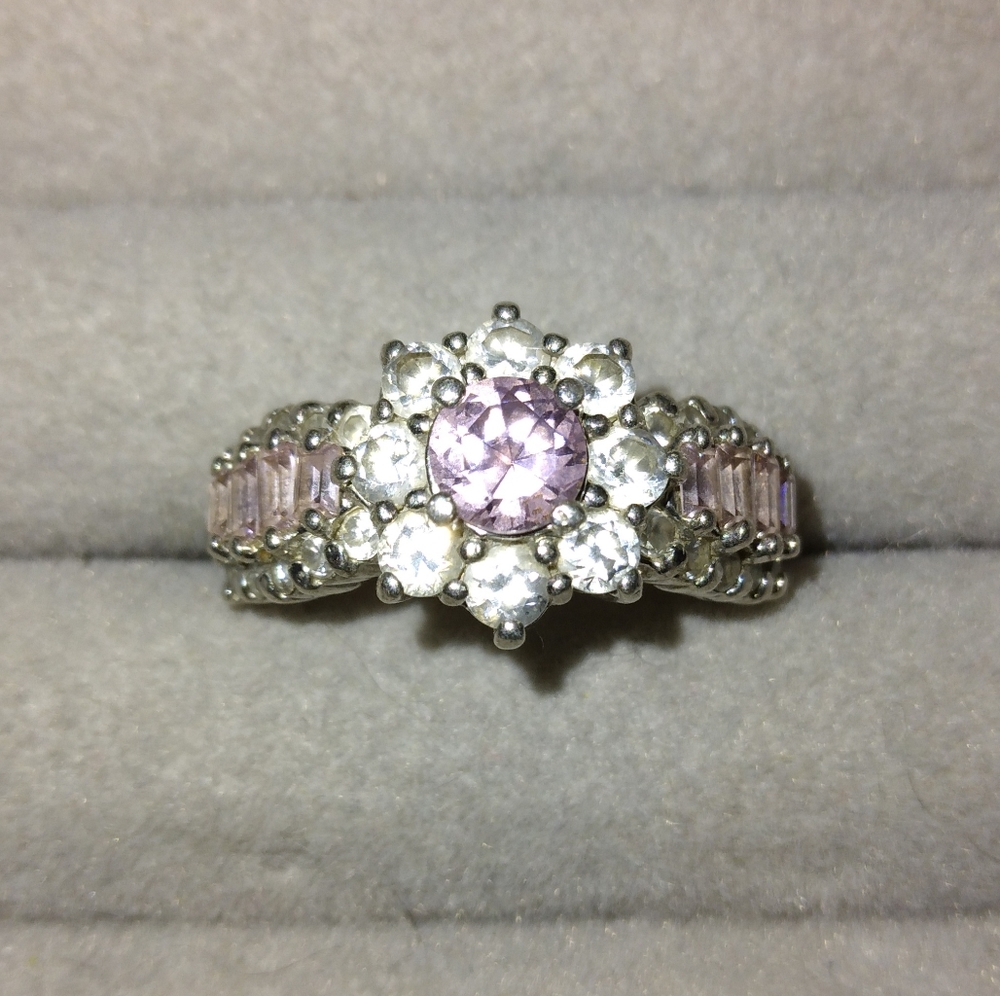 Sterling silver ring pink and white stones